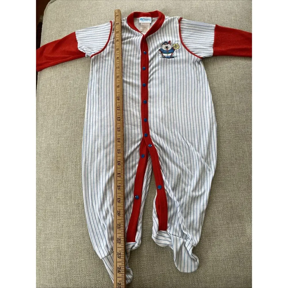 Vintage Carters 9mths Baseball Bear Striped One Pieces Outfit L USA 18/23 lbs